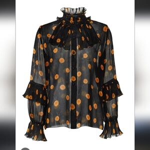 Anna SUI Black Metallic Gold Shimmer Flower, Ruffle Women's Top 10 Medium